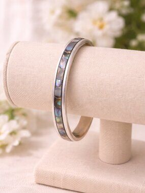 Abalone Shell Inlay Sterling Silver Round Bangle Bracelet Mexico Vintage